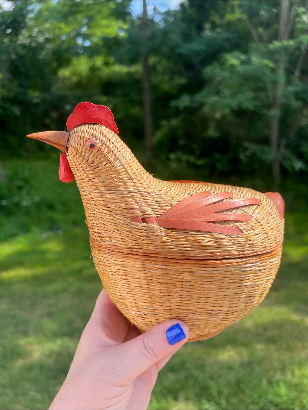 Vintage Chicken Hen Woven Wicker Basket With Lid Farmhouse Country Cottage